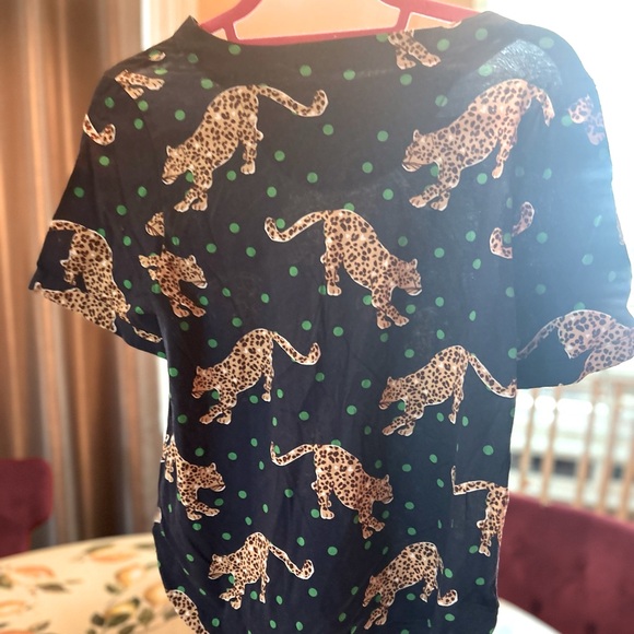 Maeve by Anthropologie Navy Green Polka Dot Leopard Print Short Sleeve Top S - Picture 5 of 12